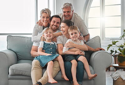 Buy stock photo Living room, portrait and big family with kids on sofa for weekend fun, support and bonding together. Parents, happy and relax with generations at home for enjoyment, connection and love of children