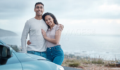 Buy stock photo Couple, road trip and hug in portrait by car for travel, adventure and break by ocean. Happy man, woman and together with embrace for journey, trust and commitment in countryside for enjoyment