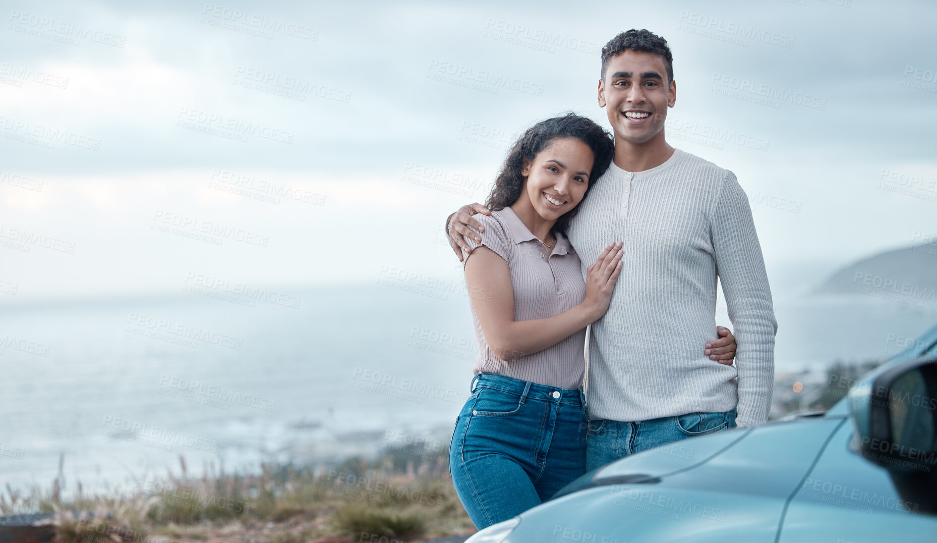 Buy stock photo Road trip, hug and couple in portrait by car for travel, adventure and break by ocean. Happy man, woman and together with embrace for journey, trust and commitment in countryside for enjoyment