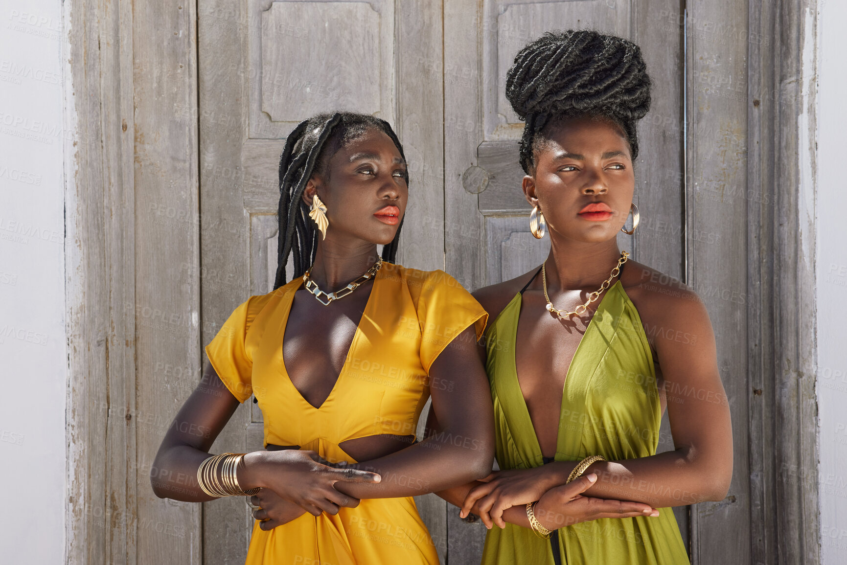 Buy stock photo Shot of two beautiful women posing outside