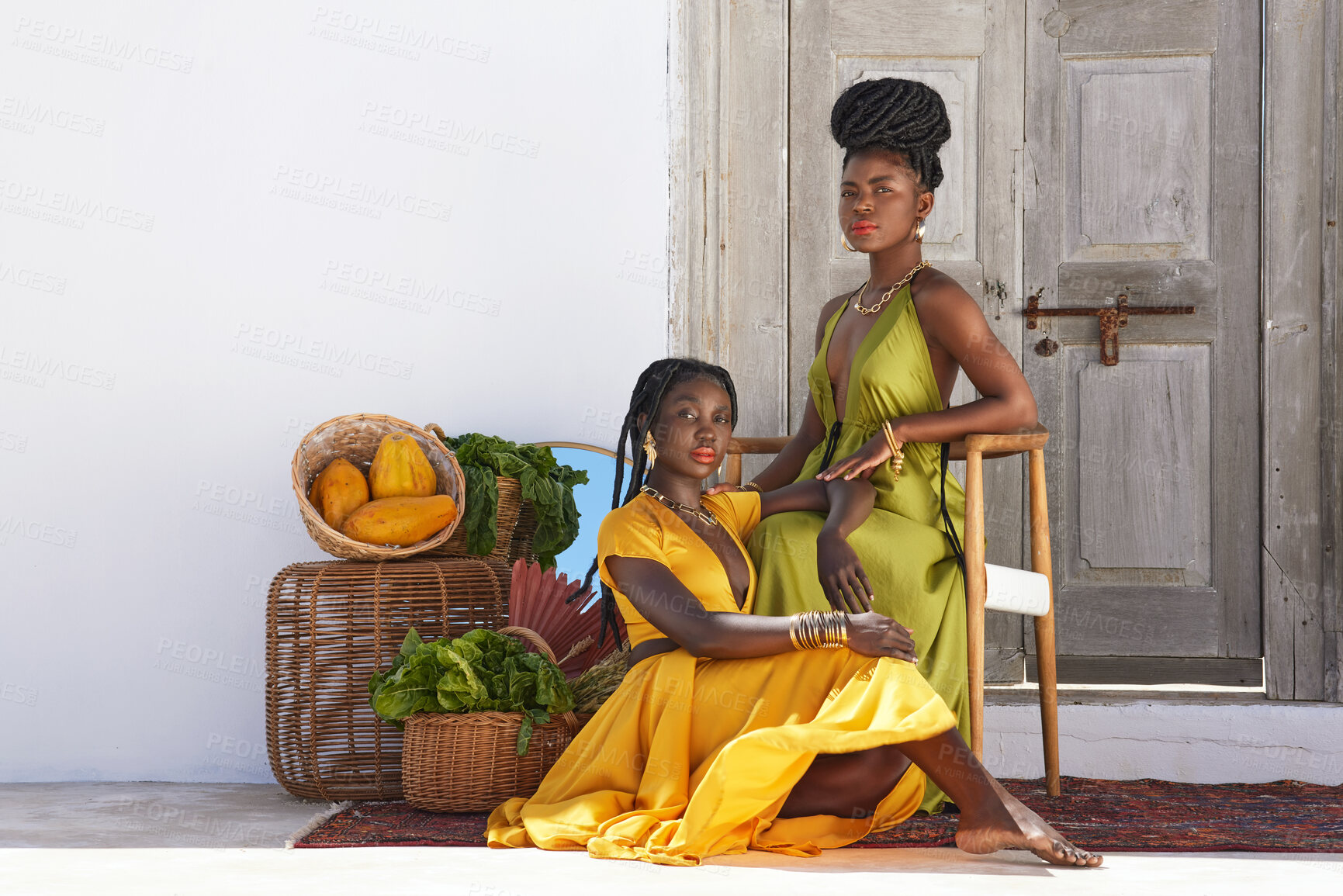 Buy stock photo Shot of two beautiful women posing outside