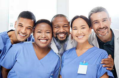 Buy stock photo Medical, portrait of doctors and happy together at hospital or clinic with smile. Diversity, medical team for healthcare and excited or cheerful group of nurse or surgeons smiling for health wellness