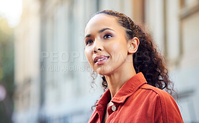 Buy stock photo Woman, city sidewalk and thinking on street, search or location outdoor with happy memory in metro. Girl, walking and vision by buildings, ideas or urban vacation for decision, choice or road in Rome