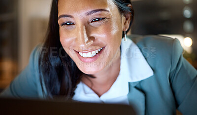 Buy stock photo Cropped shot of an attractive young businesswoman working late at her company offices
