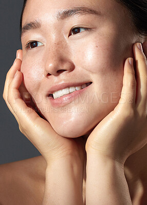 Buy stock photo Closeup shot of a beautiful young woman with freckles on her face