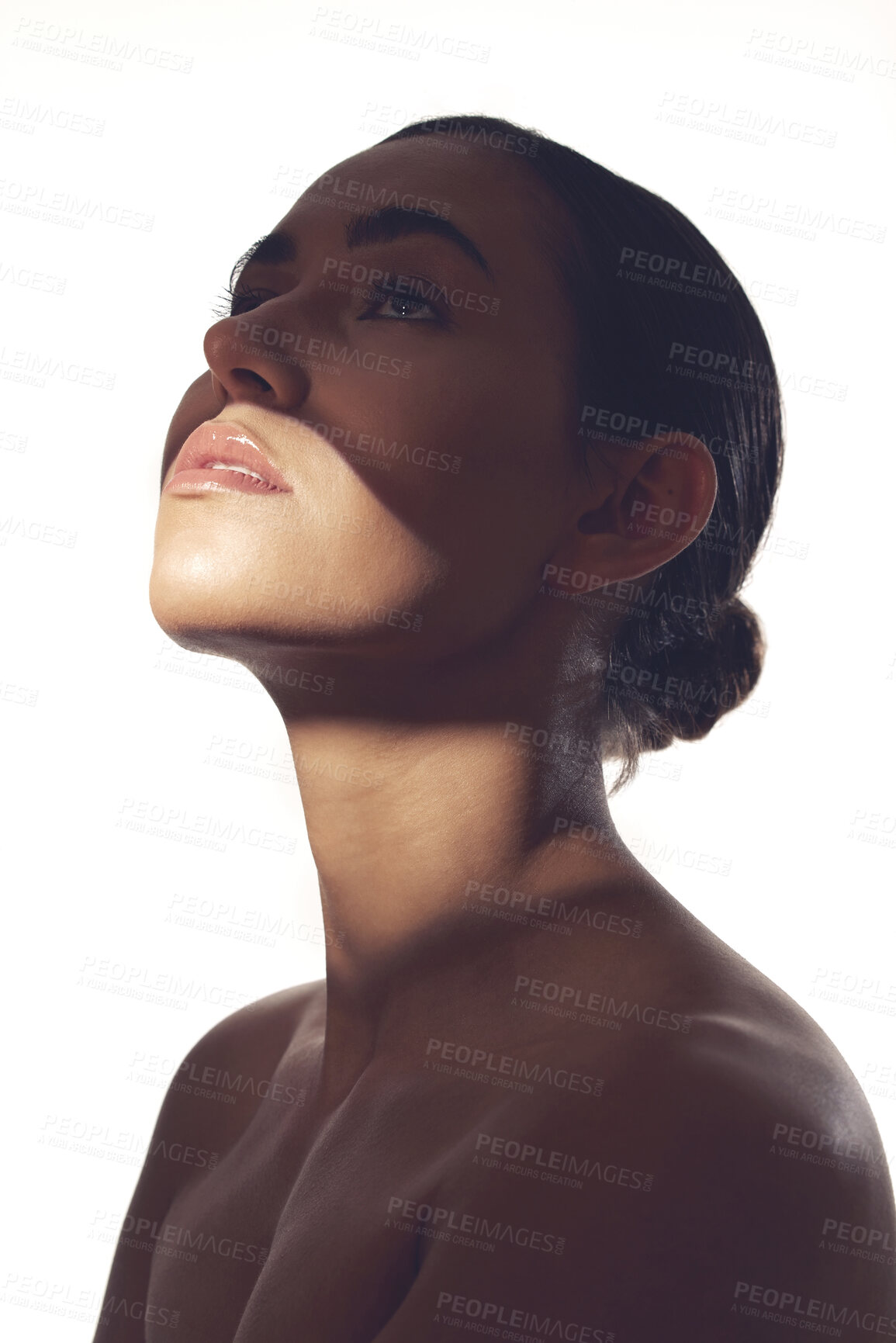 Buy stock photo Woman, thinking and skincare with shadow in studio for natural beauty, hydrated skin or shine. Thoughtful, female person and cosmetics with light reflection for dermatology on a white background