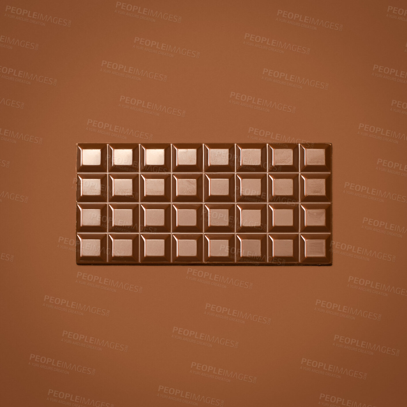 Buy stock photo Sweet, chocolate and slab on studio background for snack on diet, metabolism boost and skin health benefits. Brown, candy and bar of cocoa for minerals or stress relief, improve blood flow and food.