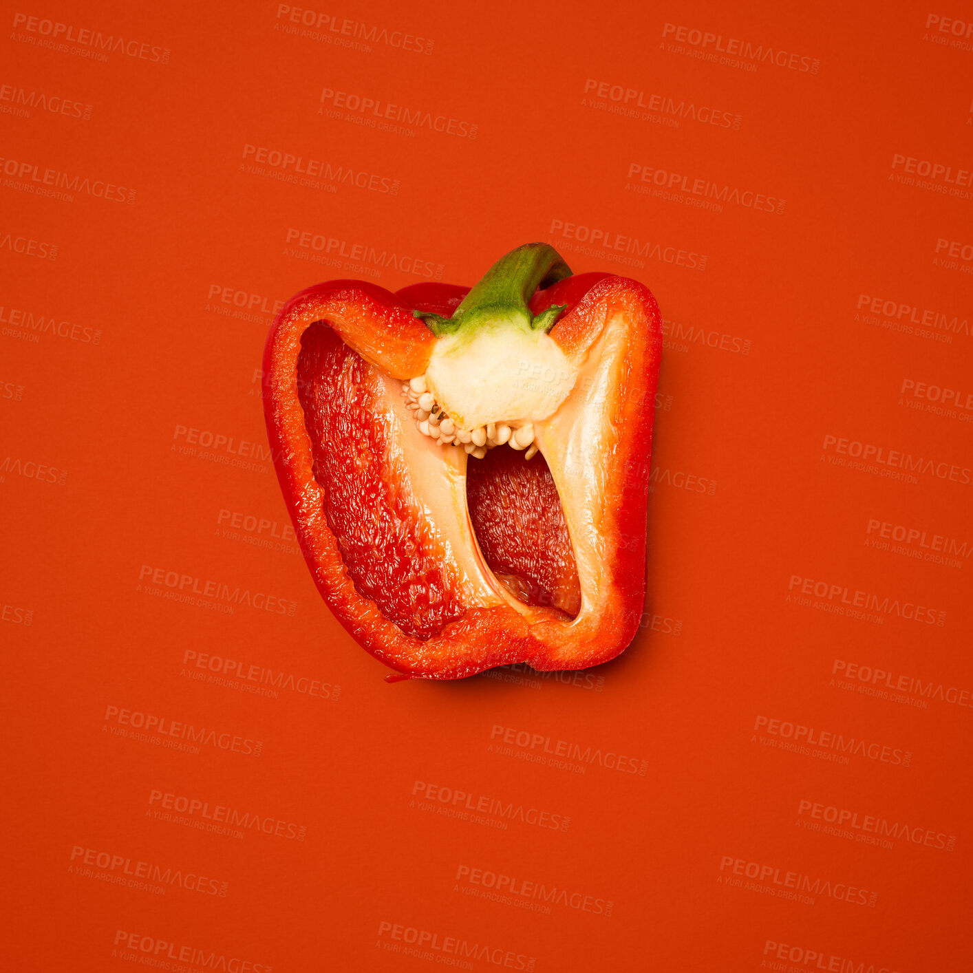 Buy stock photo Slice, red pepper and nutrition by studio background for wellness, vitamin c and minerals by mockup space. Sweet vegetable, vegan breakfast and organic snack by backdrop, fiber and aid digestion