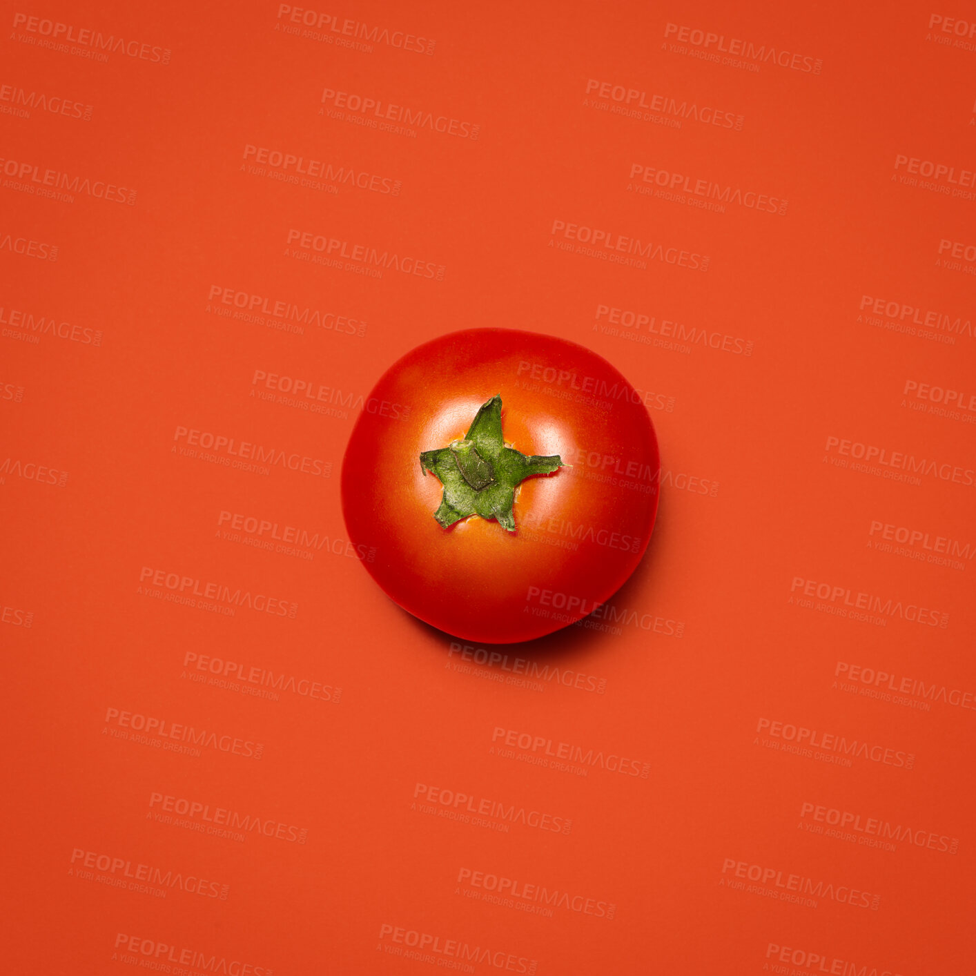 Buy stock photo Above, tomato or ripe in studio for nutrition, healthy eating or addition for salad. Fresh fruit, gut health or bright on red background with vitamin C, antioxidants or lycopene for cancer prevention