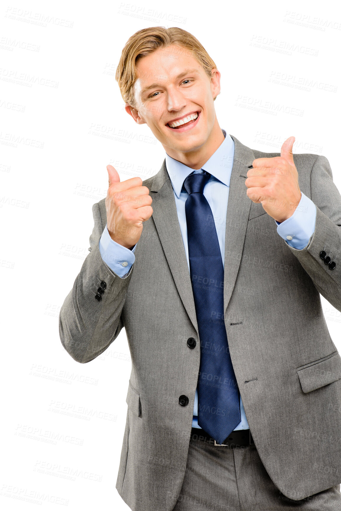 Buy stock photo Studio, smile and portrait of businessman with thumbs up for career, success or good review of company. Happy, worker and male person with gesture on white background for winning, support or approval