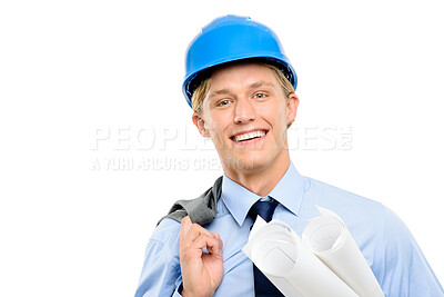 Buy stock photo Shot of a handsome young contractor standing alone in the studio and holding blueprints