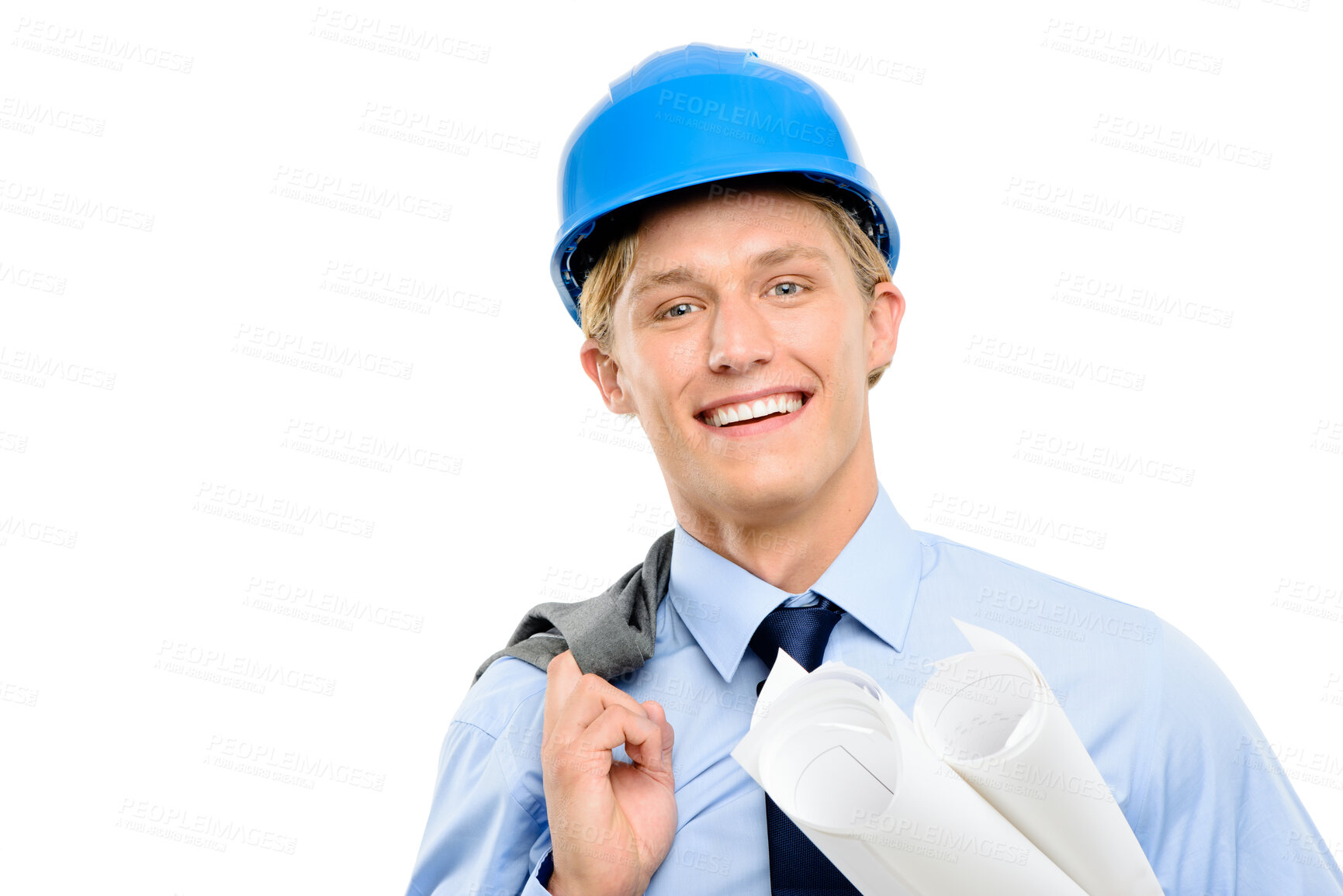 Buy stock photo Shot of a handsome young contractor standing alone in the studio and holding blueprints