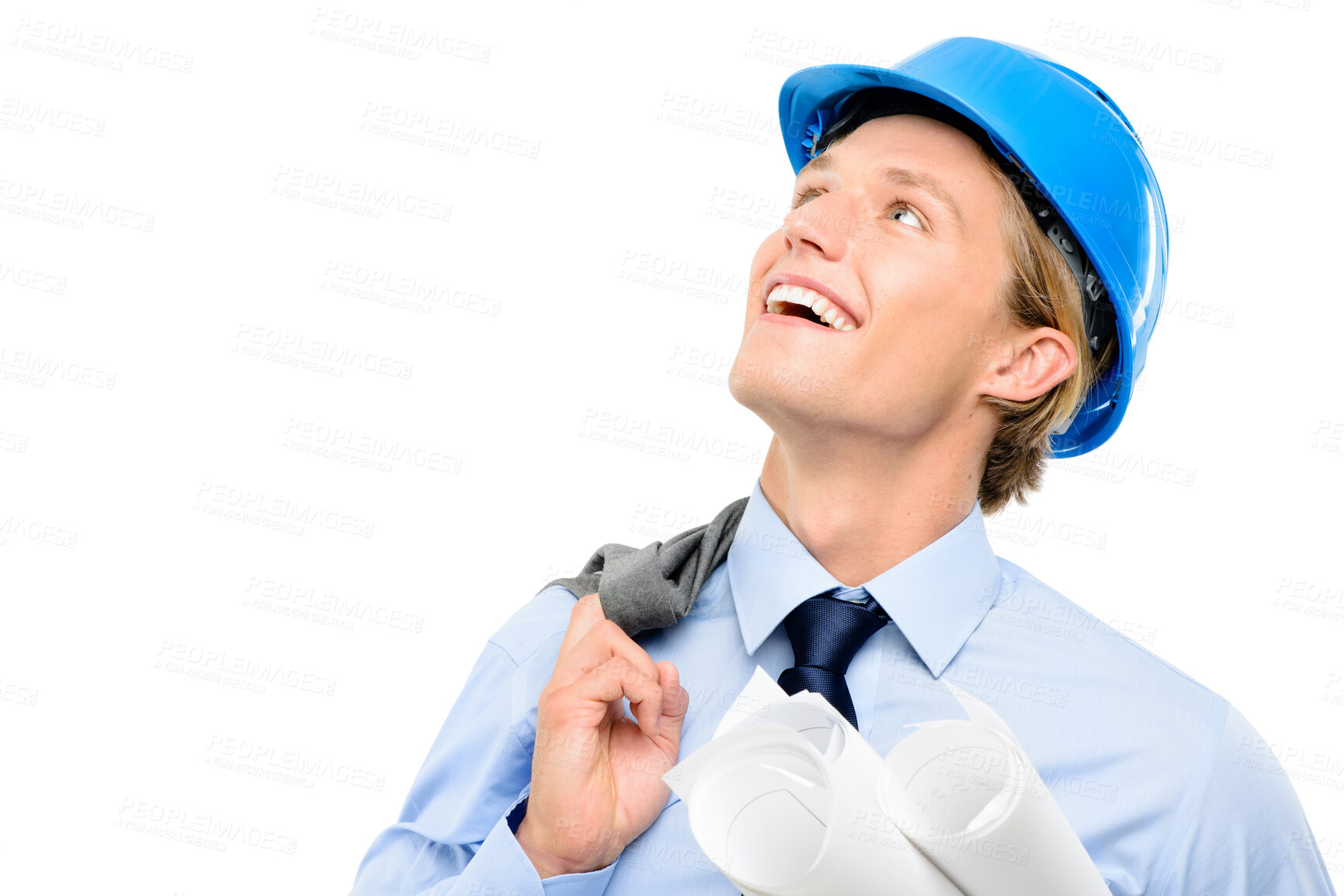 Buy stock photo Thinking, architect and man with smile, studio and blueprint for renovation, planning and business. White background, space and person with documents for building construction or inspector with ideas