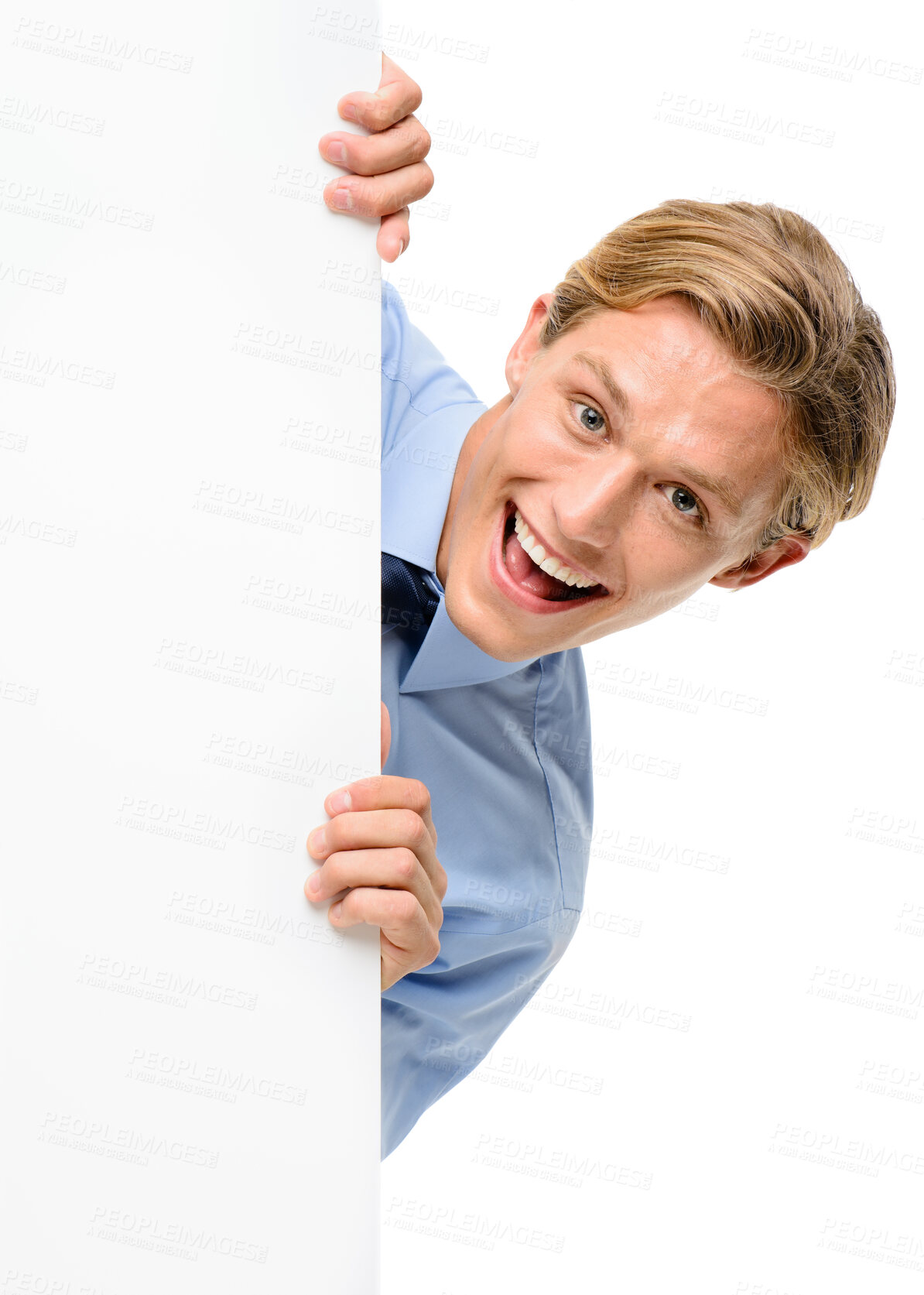 Buy stock photo Sign, mockup space and portrait of man in studio for marketing, promotion or advertising. Happy, board and male person from Sweden with blank banner, placard or poster isolated by white background.