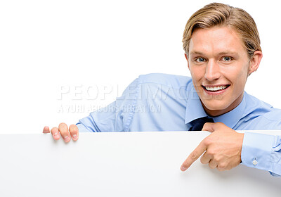 Buy stock photo Mockup, pointing and portrait of man with sign in studio for marketing, promotion or advertising. Excited, blank space and male person from Sweden with board, placard or poster by white background.