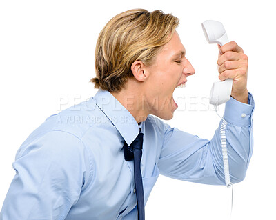 Buy stock photo Telephone, business and man with anger, screaming and employee isolated on white studio background. Profile, person and consultant with emotion, reaction and yelling with communication and stress