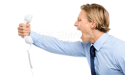 Buy stock photo Angry, businessman and shouting at telephone in studio for discussion, argument and investing mistake. Frustrated, stock broker and screaming for market crash, stress and bad news on white background