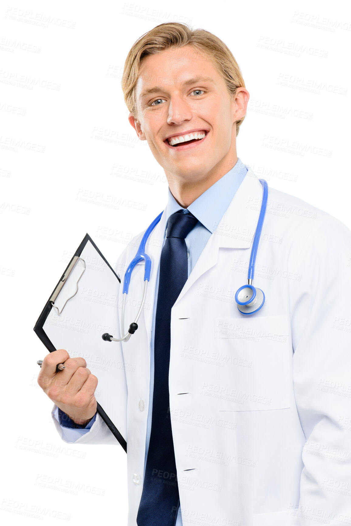 Buy stock photo Healthcare, folder and doctor in studio for portrait, profession or happy in career. Cardiologist, smile or clipboard on white background for compliance, sign up or new patient medical information