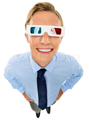 Buy stock photo Portrait, business and man with glasses, eclipse and employee isolated on white studio background. Face, professional and consultant with corporate training simulation, smile or update company system