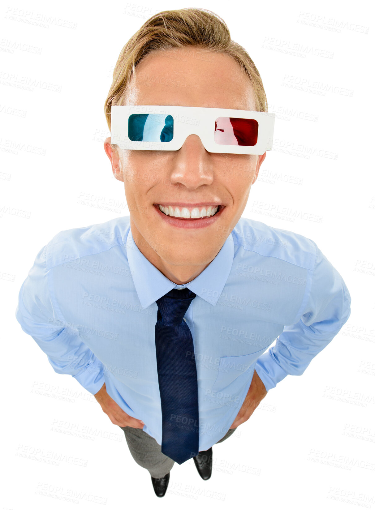 Buy stock photo Portrait, business and man with glasses, eclipse and employee isolated on white studio background. Face, professional and consultant with corporate training simulation, smile or update company system