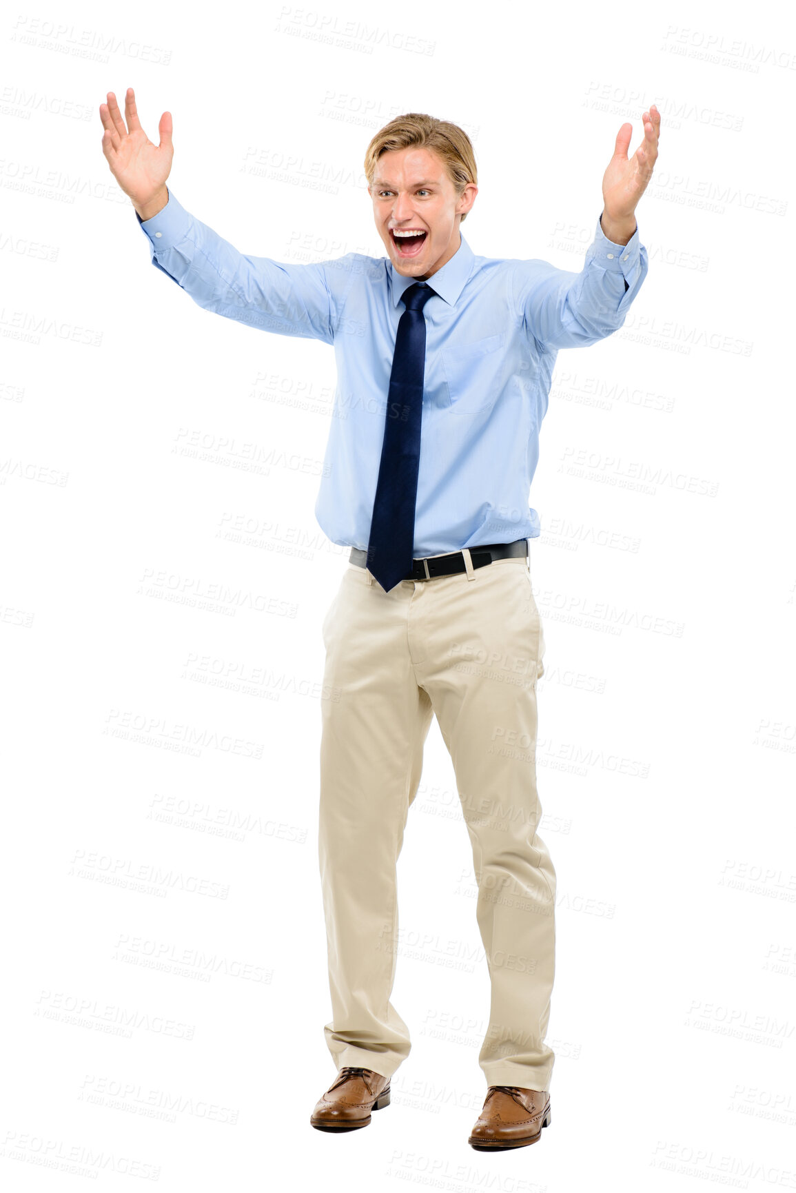 Buy stock photo Man, success and celebration in studio background as financial advisor with investment opportunity. Male person, excited and happy for business deal, contract or corporate promotion at consultant job