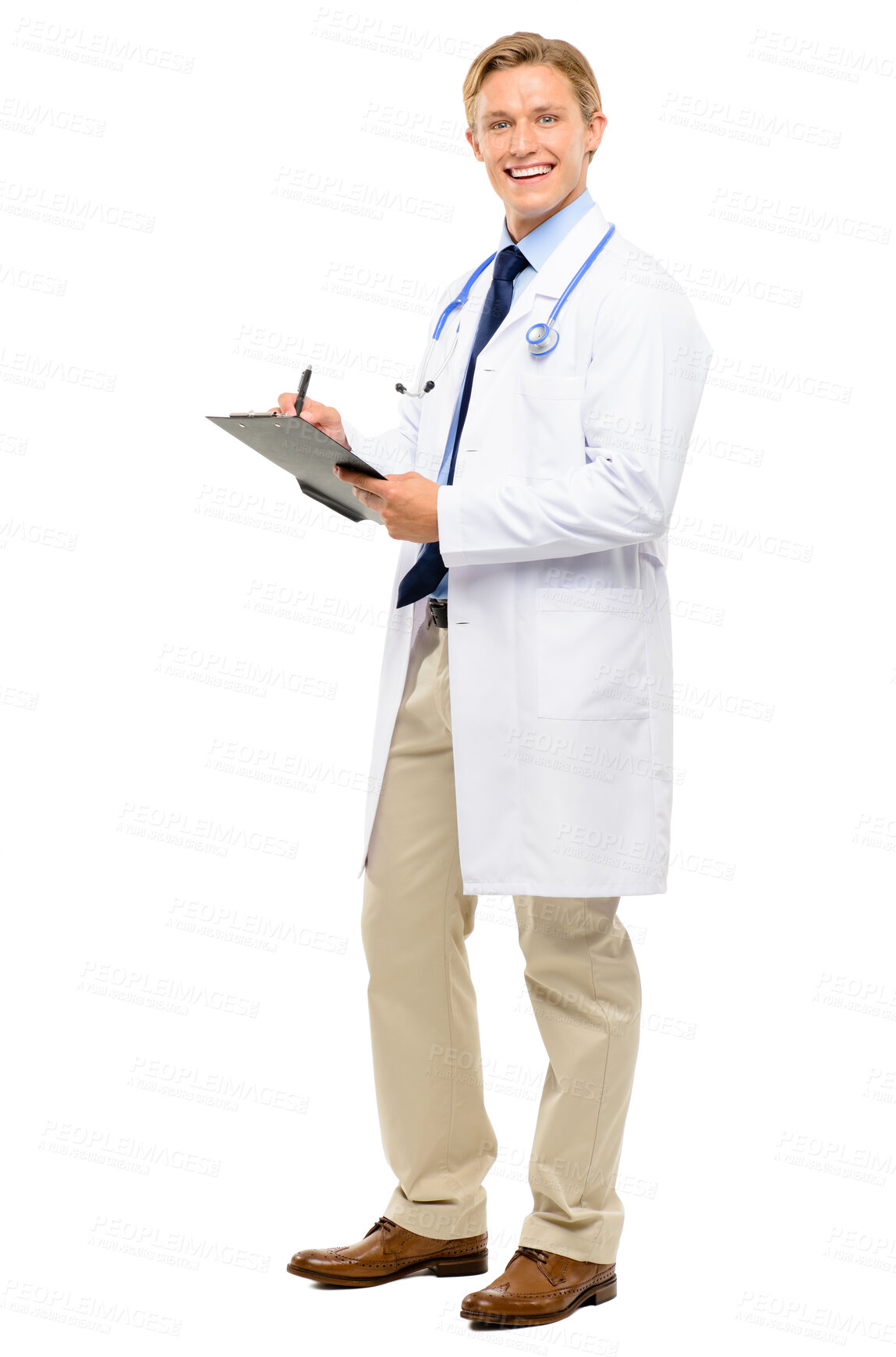 Buy stock photo Happy man, portrait and doctor with clipboard for medical results or prescription in studio on a white background. Male person or healthcare employew with smile or notes for appointment or checkup