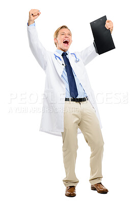 Buy stock photo Happy man, doctor and winning with clipboard in celebration for success in studio on a white background. Excited male person or young medical employee with smile for achievement, victory or promotion