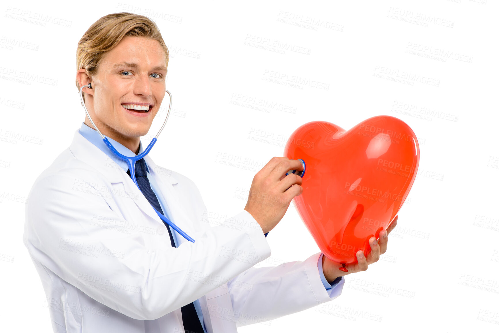 Buy stock photo Man, doctor and stethoscope on heart in studio on white background for surgery, procedure and operation. Happy, cardiologist and portrait on health presentation for healthcare and wellness awareness