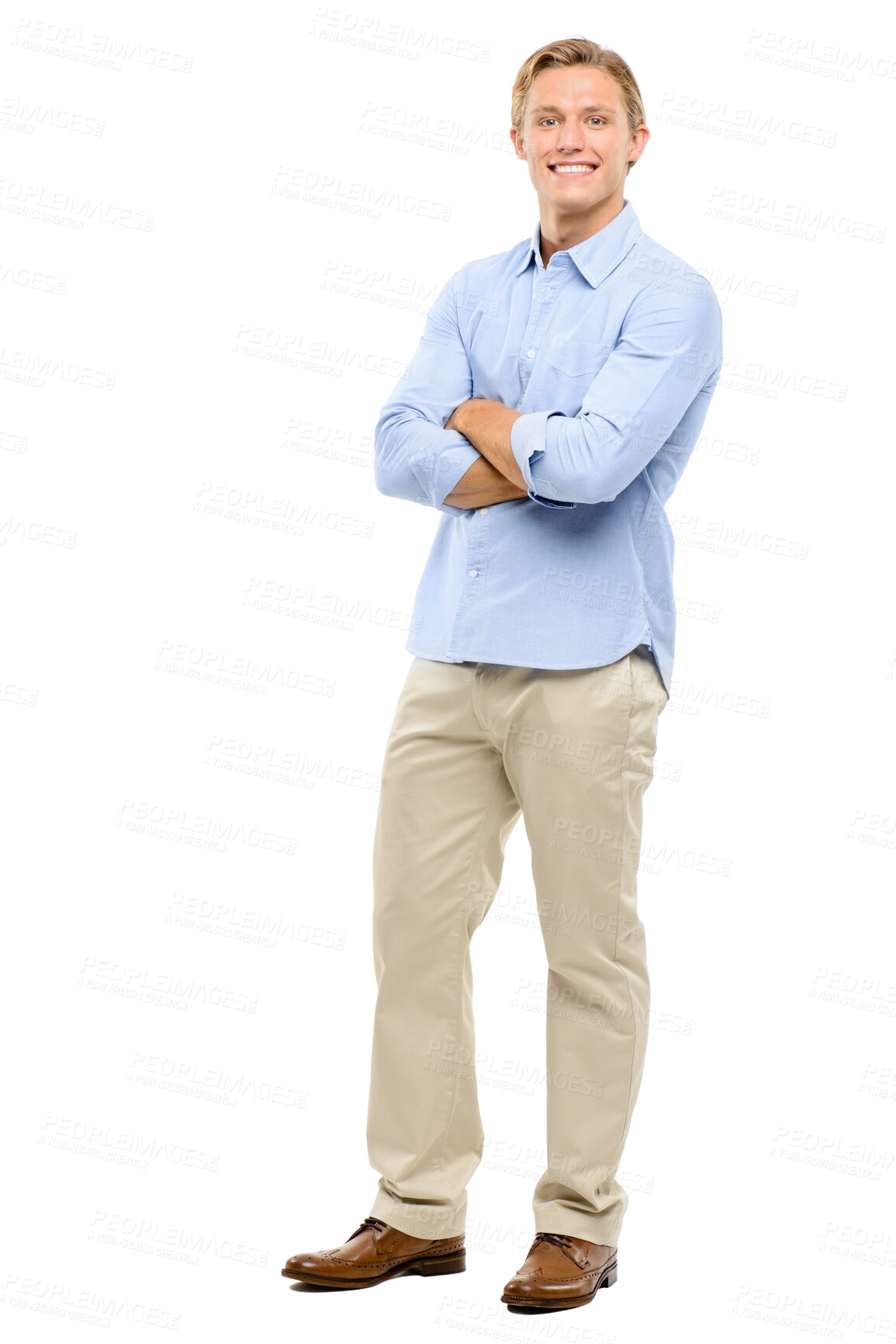 Buy stock photo Full length shot of a handsome young businessman standing alone in the studio and posing with his arms folded