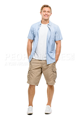 Buy stock photo Happy, man and summer fashion in studio for portrait, confidence and relaxed. Smile, student and hands in pockets on white background for aesthetic, good mood and positive attitude in Australia