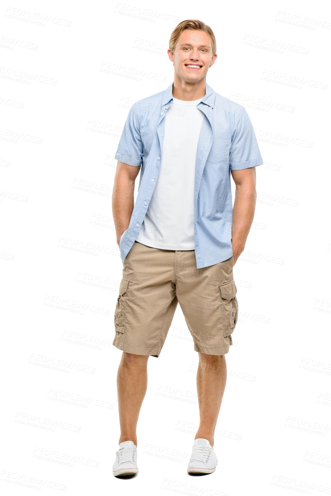 Buy stock photo Happy, man and summer fashion in studio for portrait, confidence and relaxed. Smile, student and hands in pockets on white background for aesthetic, good mood and positive attitude in Australia