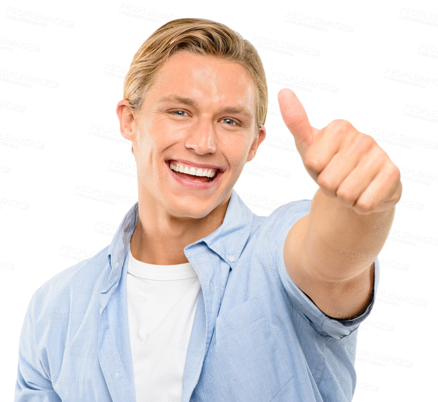 Buy stock photo Portrait, excited man and thumbs up for excellence, success or quality service. Face, smile and like hand sign for feedback, laugh or emoji for social media review isolated on white studio background