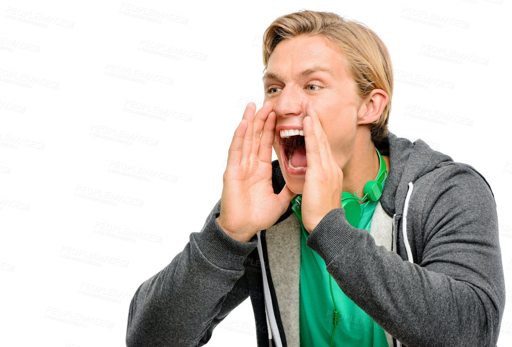 Buy stock photo Hands, mouth and man shouting for attention, promotion or information for discount offer. Call, loud person and yelling for announcement, news and advertising deal isolated on white studio background