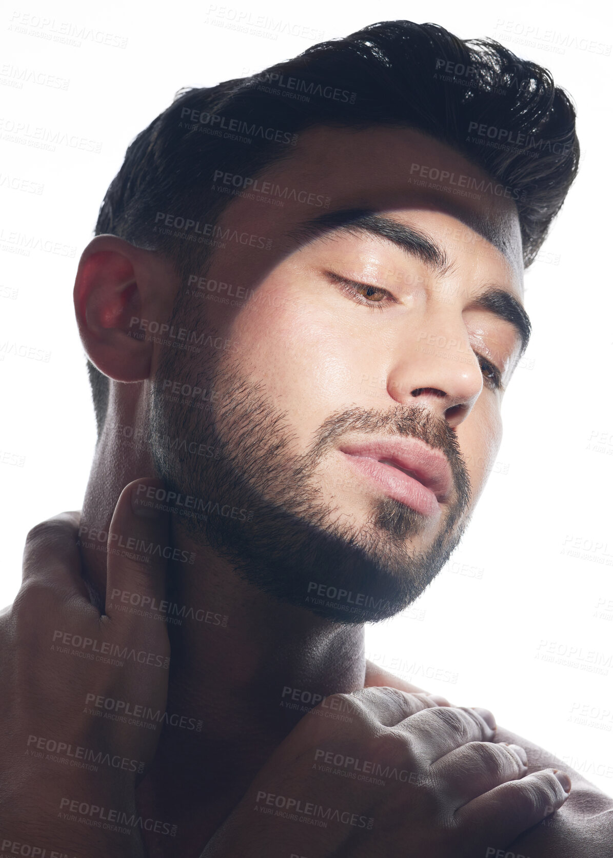 Buy stock photo Skincare, health and man in studio with natural, wellness and facial glow for beauty. Cosmetics, confident and male person with face dermatology, grooming or hygiene treatment by white background.