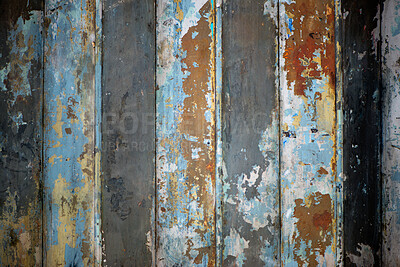 Buy stock photo Empty, wall and rust on wood, texture and color with damage, architecture and design of apartment. Material, paint and detail for building, pattern and maintenance of house, plank and dirty timber