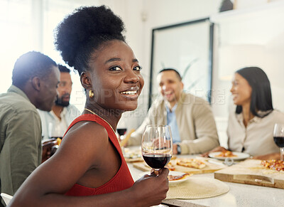 Buy stock photo Portrait of a young woman at a dinner party with her friends