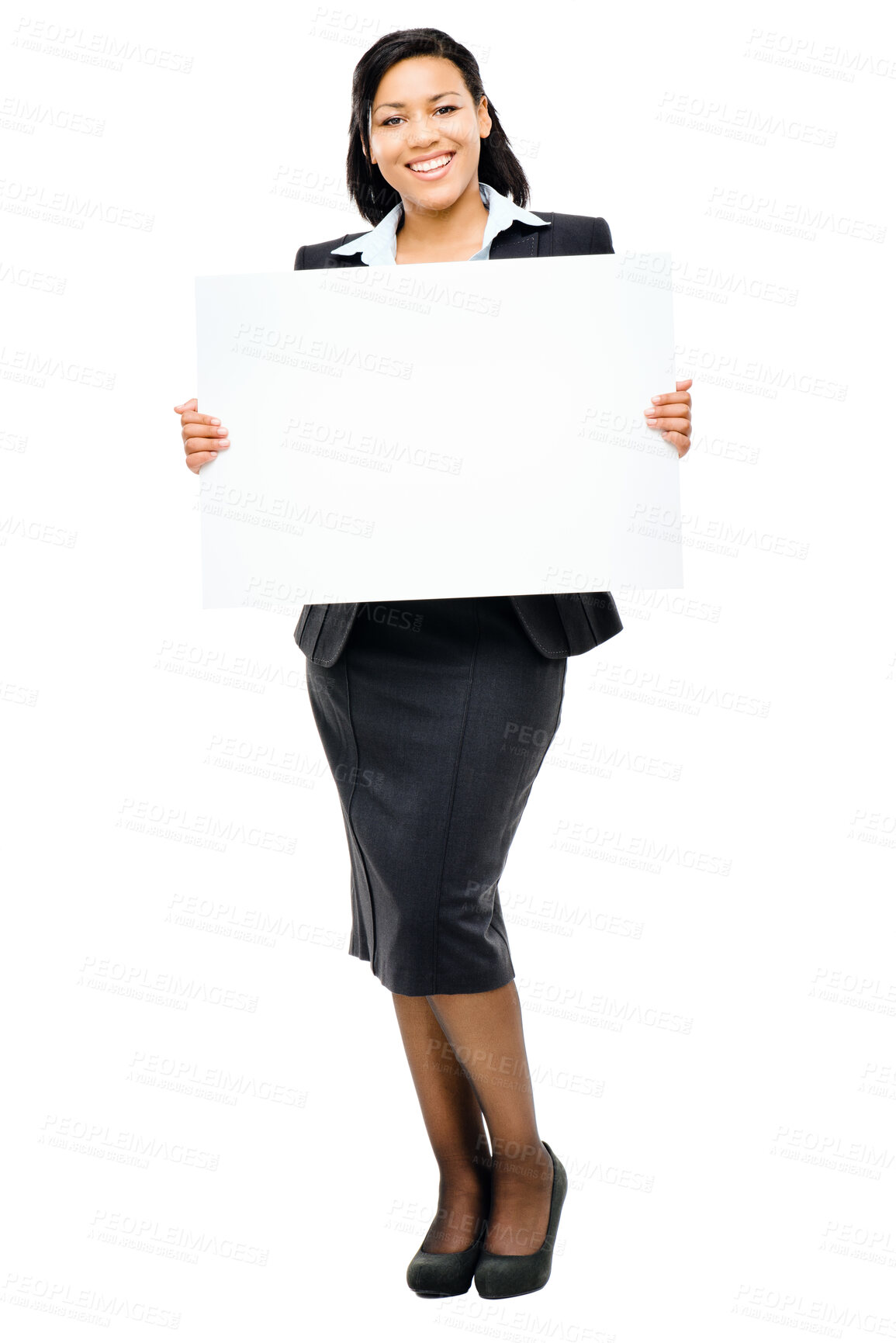 Buy stock photo Business, woman and smile with poster in studio on white background for promotion with mockup space. Female person, portrait and placard for instructions, information and  advertising or marketing