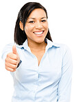 Happy mixed race business woman thumbs up isolated on white background