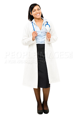 Buy stock photo Woman, doctor and happy in studio on portrait on white background with pride for career growth or opportunity. Female person, smile and confident with stethoscope for healthcare and medical service