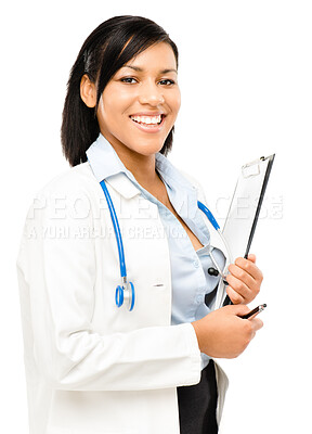 Buy stock photo Shot of a young female doctor holding a clipboard against a studio background