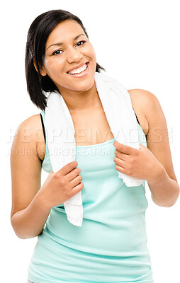 Buy stock photo Woman, towel and portrait for workout, exercise or fitness on white background with happiness. Female person, rest and break as athlete in excited for results, health and wellness for pilates in USA