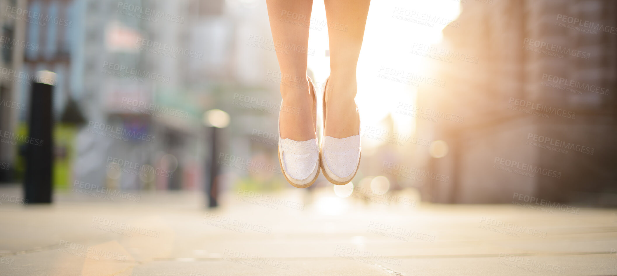 Buy stock photo Feet, shoes and jump in closeup outdoor for celebration, success and achievement with lens flare. Business person, foot and legs in air outside for victory, hopping and good news as prize winner