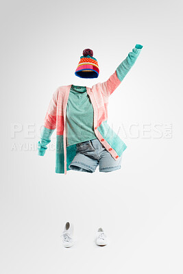 Buy stock photo Ghost, fashion and person in studio with casual outfit, trendy clothes and stylish on white background. Mockup space, invisible and isolated silhouette with accessory, creative style and transparent