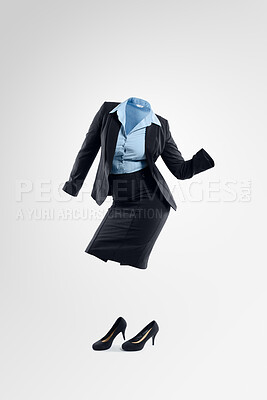 Buy stock photo Business woman, invisible and dance with fashion for celebration on a white studio background. Female person, employee or transparent human dancing with skirt, outfit or formal attire for winning