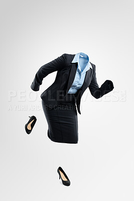 Buy stock photo Invisible, formal and clothes in studio for fashion, business attire and ready for corporate career. Mockup space, transparent and mystery by white background for running, trendy outfit and style