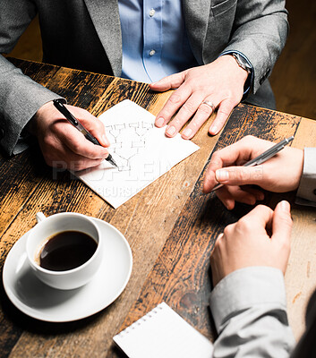 Buy stock photo Coffee, hands and business people in cafe with ideas, notes and planning solution together at table. Brainstorming, collaboration and partnership in restaurant with teamwork, mindmap and strategy