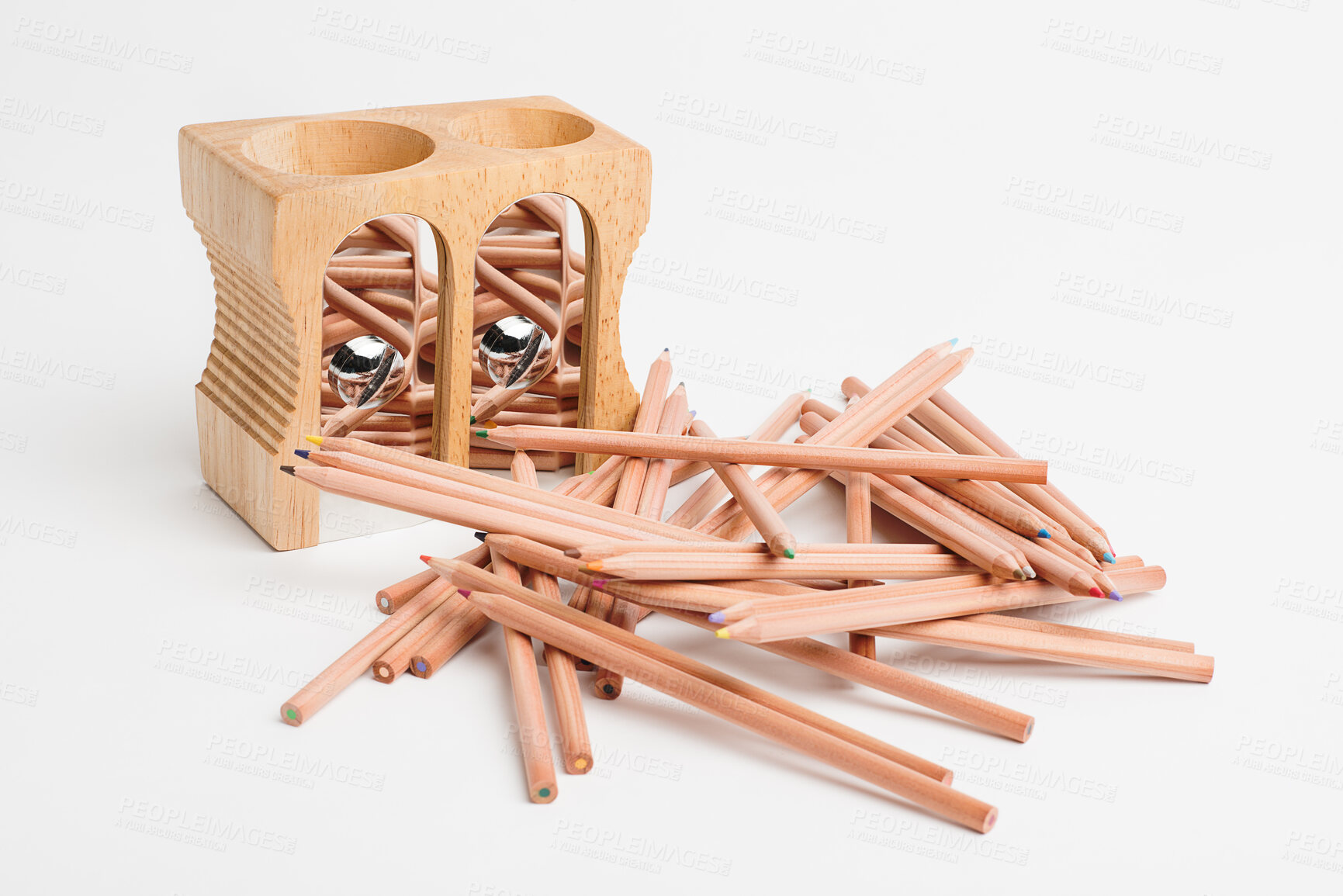 Buy stock photo Wood, sharpener and pencils with stationary in studio for material, art or craft on a white background. Closeup, equipment or pile of wooden sticks, lead or sharp objects for drawing or creativity