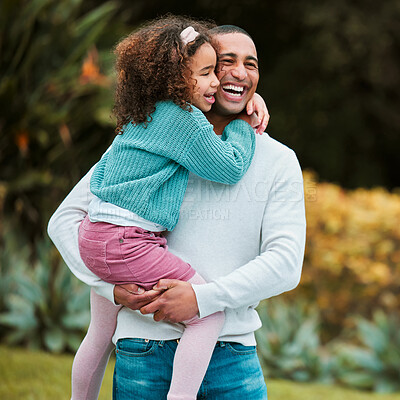 Buy stock photo Girl, father and hug in park for play with smile, love and outdoor together on vacation in summer. Man, dad and daughter child with embrace, carry and laughing on lawn, nature and trees in Colombia