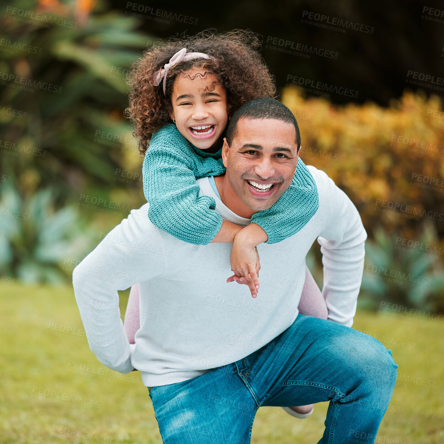 Buy stock photo Happy, garden and portrait of dad with child for playing, bonding and adventure in backyard. Childhood, family and father with girl for piggy back with laugh, cheerful and joy outdoors to relax