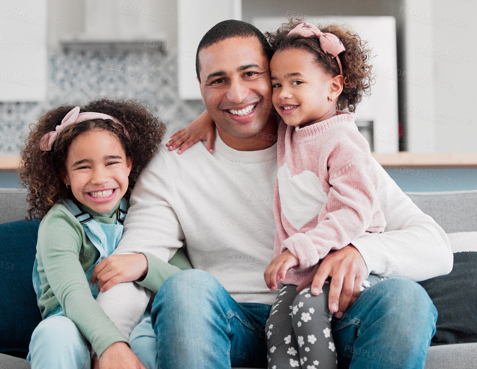 Buy stock photo Sofa, happy and portrait of dad with children for bonding, loving relationship and relax together in home. Family, fatherhood and father with girls in living room for affection, embrace and hugging